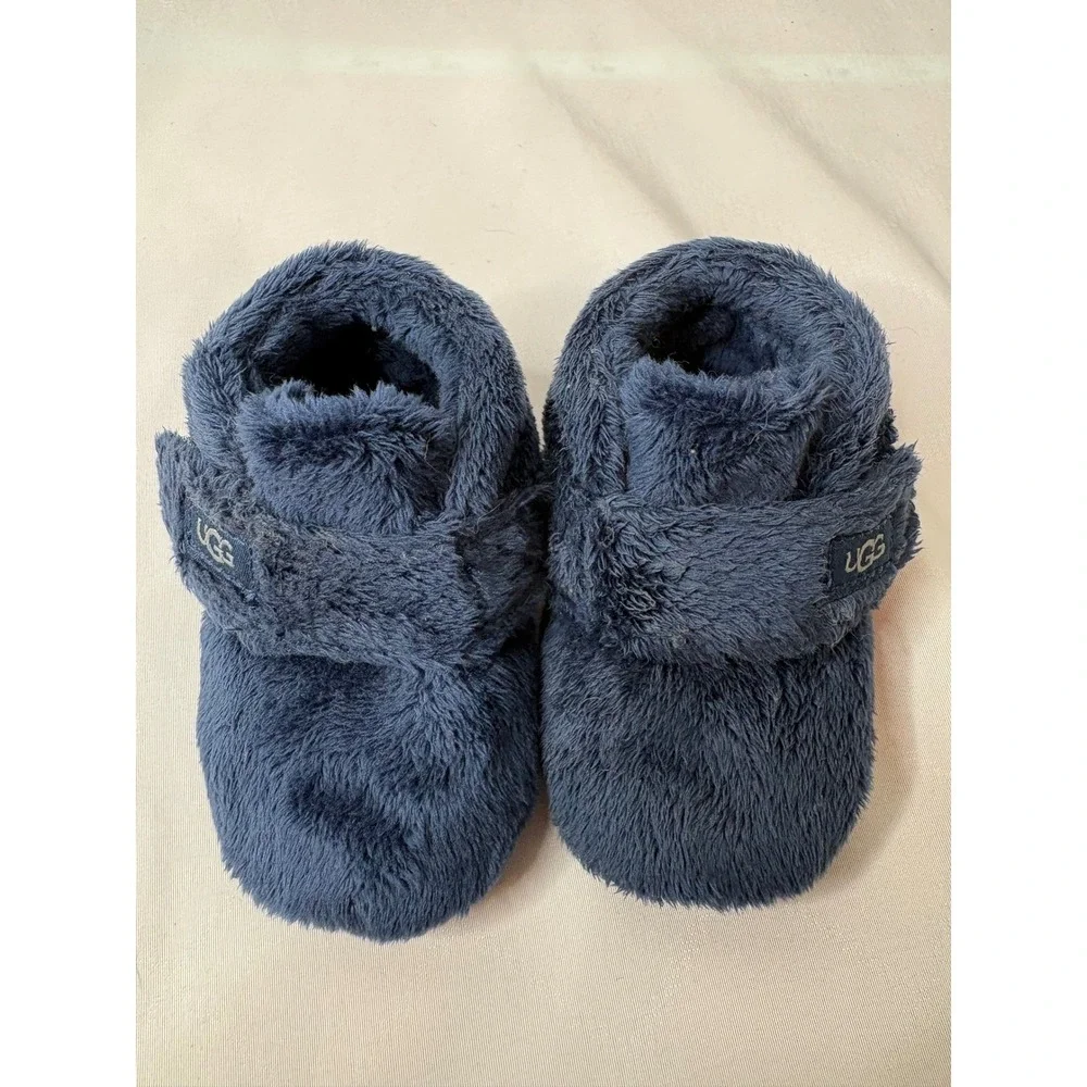 UGG Infant Navy Blue Bixbee Faux Fur Bootie Sz 2/3 Hook Loop Baby Shower Gift
